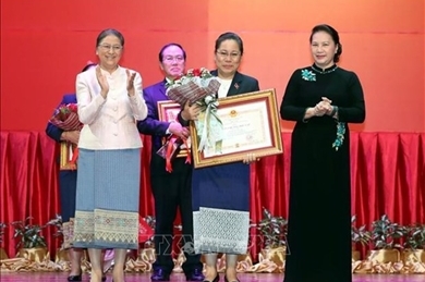 国会主席阮氏金银授予老挝各集体和个人越南国家勋章和徽章