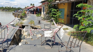 Hội An khẩn cấp khắc phục sự cố sụt lún bờ kè sông Hoài trước mùa mưa bão