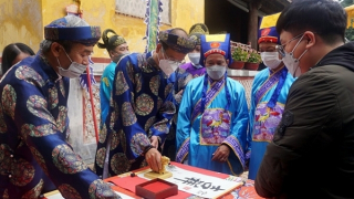 Nhiều du khách và người dân xin chữ đầu năm ở Hoàng cung Huế trong ngày hạ nêu