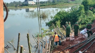 Lực lượng Công an Bắc Ninh phối hợp gia cố đê tránh nguy cơ sạt lở