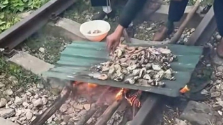 Vợ chồng đốt củi nướng thịt cá trên đường sắt, con gái quay clip tung lên mạng