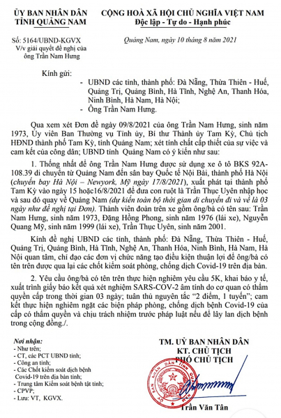 Quảng Nam lên tiếng về việc ký văn bản cho Bí thư Tam Kỳ chở con ra Hà Nội, bay sang Mỹ nhập học -0