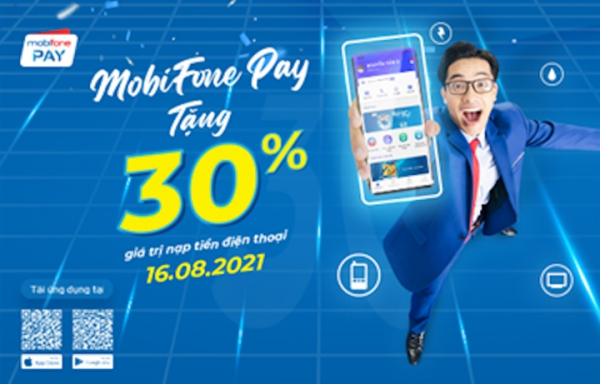 Khuyến mại 30% khi nạp tiền điện thoại qua ví điện tử MobiFonePay tháng 8 -0