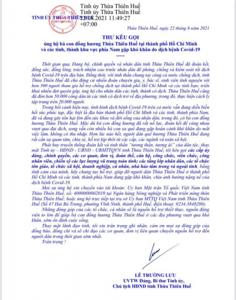 Bí thư Tỉnh ủy Thừa Thiên Huế viết thư kêu gọi ủng hộ người Huế tại TP Hồ Chí Minh -0