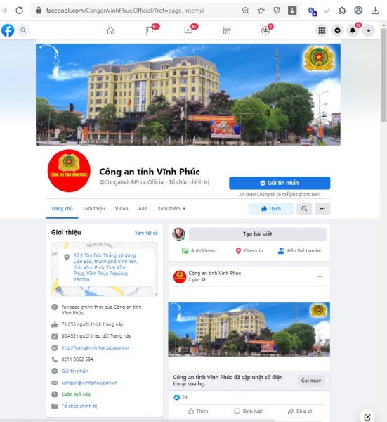Công an tỉnh Vĩnh Phúc mở fanpage trên Facebook tiếp nhận thông tin phản ảnh của người dân -0