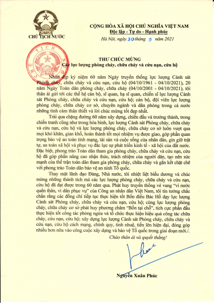 Chủ tịch nước Nguyễn Xuân Phúc gửi Thư chúc mừng các lực lượng PCCC và CNCH -0