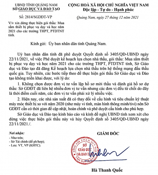 Trước khi nghỉ hưu, Giám đốc Sở GD&ĐT Quảng Nam đề nghị dừng thực hiện gói thầu 20,6 tỷ đồng -0