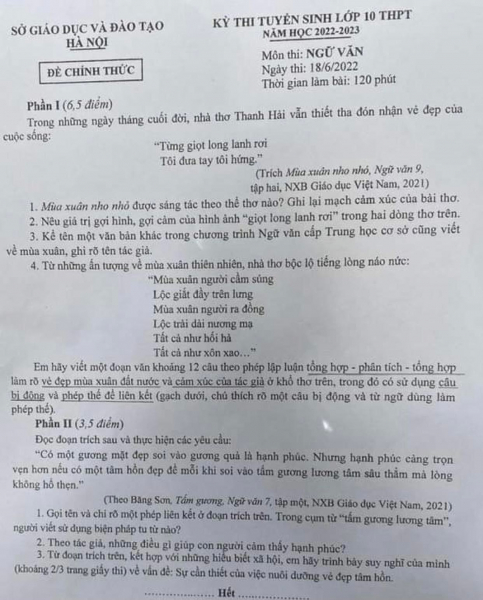 Gợi ý đáp án môn Ngữ văn thi vào lớp 10 của Hà Nội -0