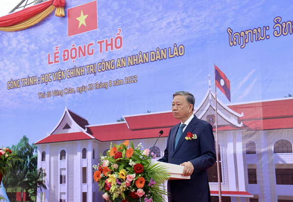 Minister To Lam attends ground-breaking ceremony for Lao Public Security Political Academy  -0