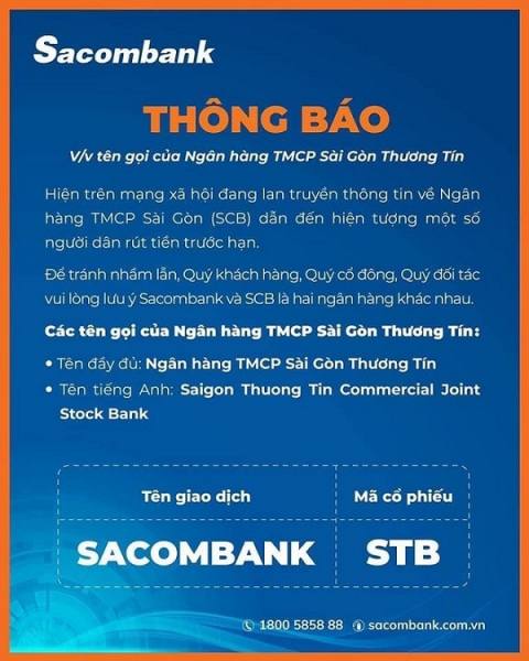 Ngân hàng Sacombank đang hoạt động rất tốt và hoàn toàn không liên quan đến ngân hàng SCB -0