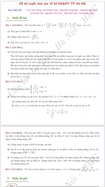 Gợi ý đáp án môn Toán thi vào lớp 10 -0