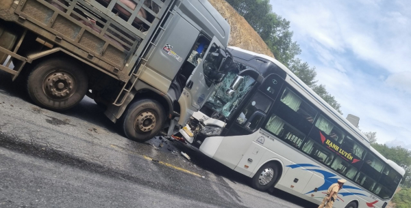 Xe khách va chạm với xe tải chở lợn, 5 người bị thương -0