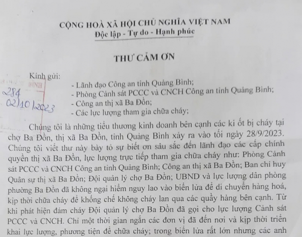  Tiểu thương chợ đầu mối lớn nhất Quảng Bình viết thư cảm ơn lực lượng Công an  -0