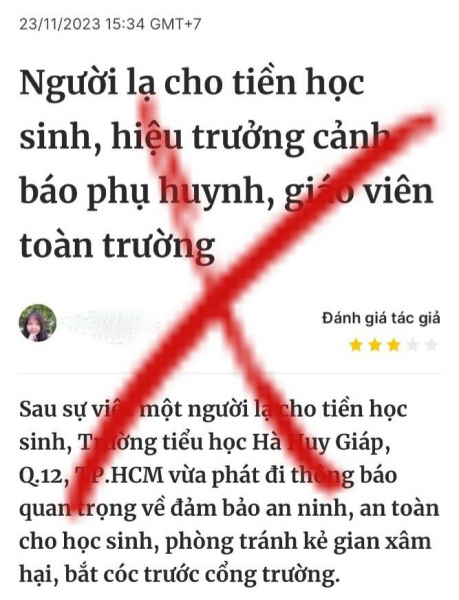 Thông tin “Người lạ tiếp cận học sinh đưa tiền ở cổng trường nhằm ý đồ xấu” là sai sự thật  -0