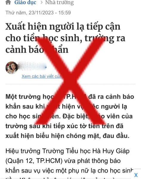 Thông tin “Người lạ tiếp cận học sinh đưa tiền ở cổng trường nhằm ý đồ xấu” là sai sự thật  -1