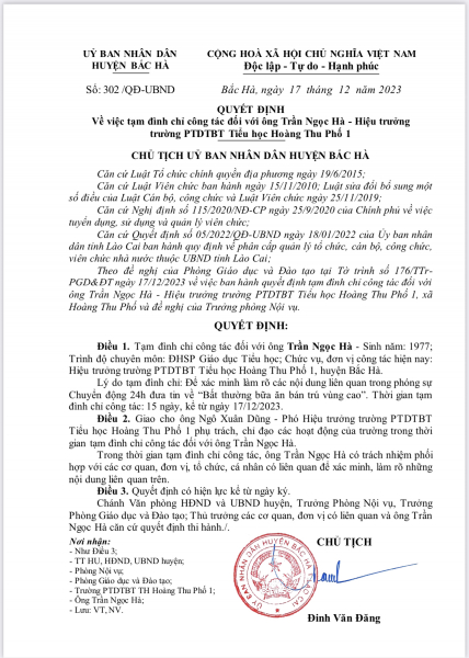 Tạm đình chỉ công tác Hiệu trưởng Trường Phổ thông Dân tộc Bán trú Tiểu học Hoàng Thu Phố 1 -0