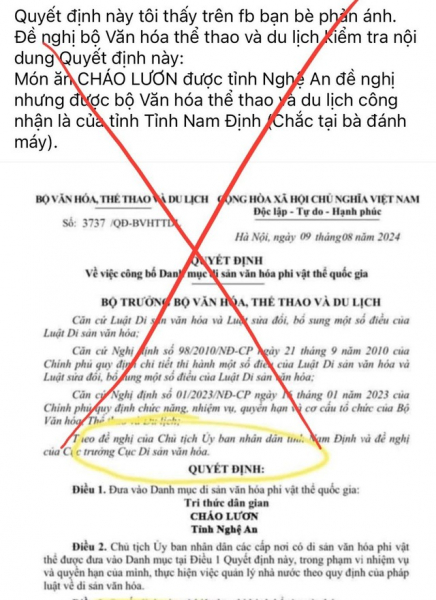 “Cháo lươn” của tỉnh Nghệ An trở thành Di sản văn hóa phi vật thể là thông tin xuyên tạc -0