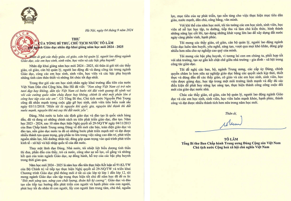 Tổng Bí thư, Chủ tịch nước gửi thư cho ngành Giáo dục nhân dịp khai giảng năm học mới 2024-2025 -0