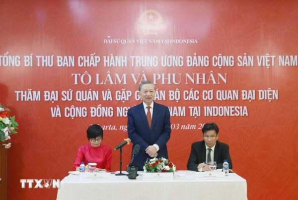 Tổng Bí thư gặp gỡ cán bộ cơ quan đại diện và cộng đồng người Việt ở Indonesia -0