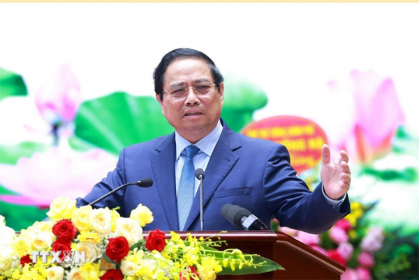Thủ tướng Phạm Minh Chính phát biểu chỉ đạo Đại hội đại biểu Đảng bộ Bộ Xây dựng lần thứ I, nhiệm kỳ 2025-2030. (Ảnh: Dương Giang/TTXVN)