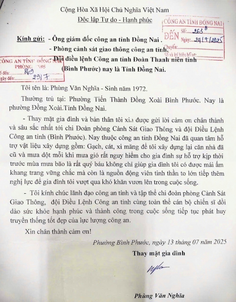 Người dân gửi thư cảm ơn Công an tỉnh Đồng Nai hỗ trợ vật liệu xây nhà -0