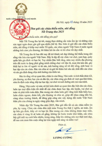 Chủ tịch nước gửi Thư chúc Tết Trung thu 2025 tới các cháu thiếu niên, nhi đồng -0