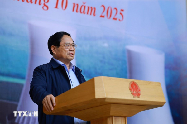 Thủ tướng Phạm Minh Chính, Trưởng Ban Chỉ đạo xây dựng nhà máy điện hạt nhân chủ trì phiên họp lần thứ ba của Ban Chỉ đạo. (Ảnh: Dương Giang/TTXVN)
