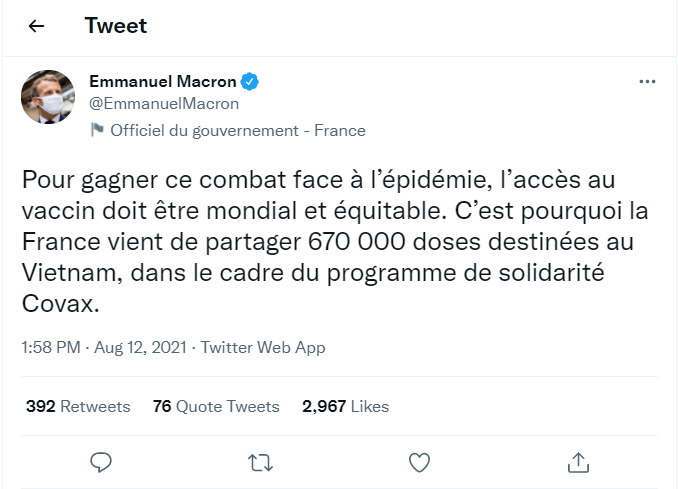 Pháp tuyên bố tặng Việt Nam 670.000 liều vaccine ngừa COVID-19 -0