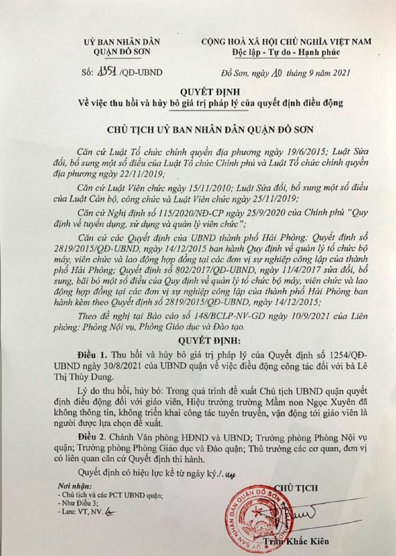 Hủy Quyết định điều chuyển cô giáo mầm non do đúng quy trình -0