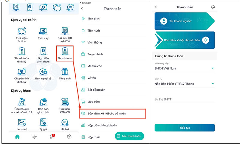 Đóng tiếp BHXH tự nguyện, gia hạn thẻ BHYT qua ứng dụng trực tuyến của ngân hàng -0