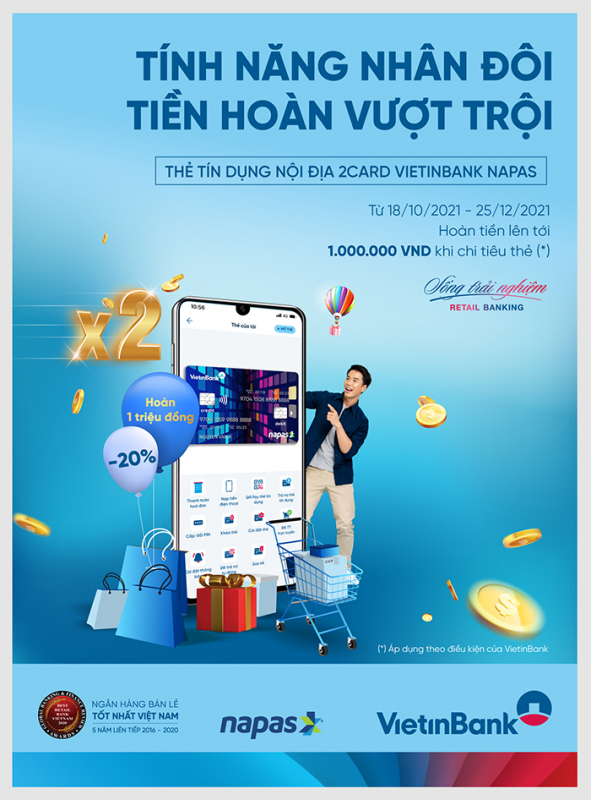 Hoàn 20% giá trị chi tiêu với thẻ tín dụng nội địa VietinBank 2Card Napas -0