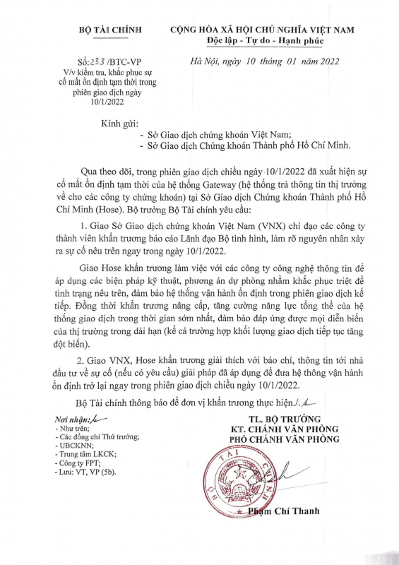 Bộ trưởng Bộ Tài chính yêu cầu làm rõ nguyên nhân sàn HoSE tiếp tục “đơ” -0