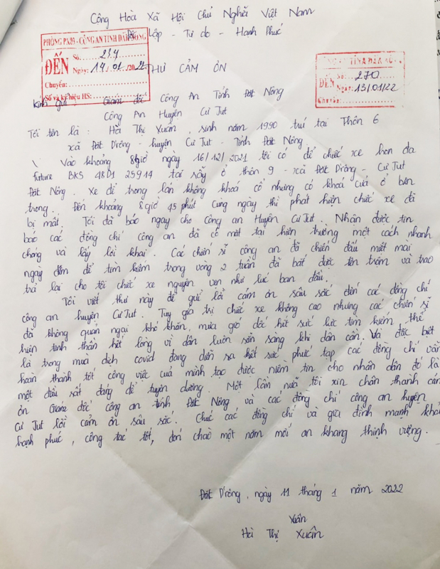 Người dân bị trộm xe máy gửi thư cảm ơn lực lượng Công an -3