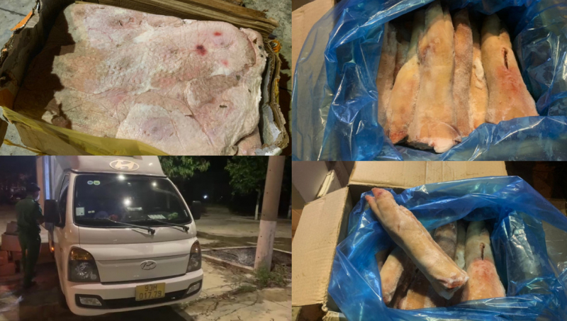 Phát hiện xe tải chở thịt heo đã bị biến đổi màu sắc và bốc mùi hôi thối -0