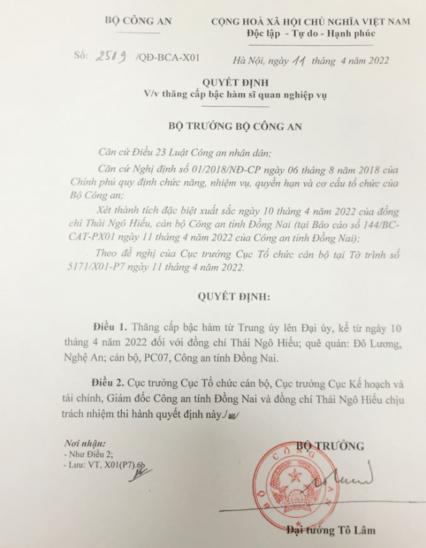 Bộ trưởng Bộ Công an ký Quyết định thăng cấp bậc hàm đối với đồng chí Thái Ngô Hiếu vì đã có thành tích đặc biệt xuất sắc -0