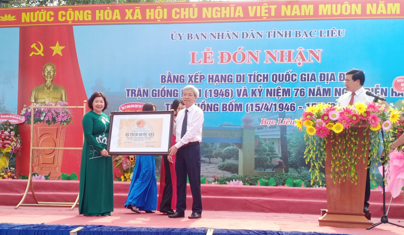 Tỉnh Bạc Liêu đón nhận Bằng xếp hạng di tích quốc gia trận Giồng Bốm  -1