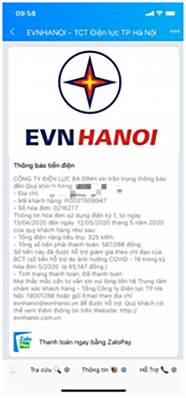 Nhận thông báo tiền điện tự động qua hệ sinh thái chăm sóc khách hàng EVNHANOI -0