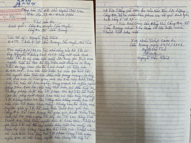 Thân nhân cụ già neo đơn gửi thư cảm ơn Công an xã -0