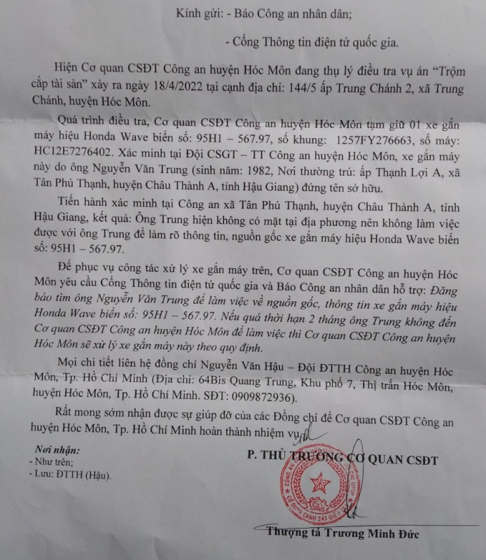 Tìm chủ xe liên quan đến vụ án “Trộm cắp tài sản”  -0