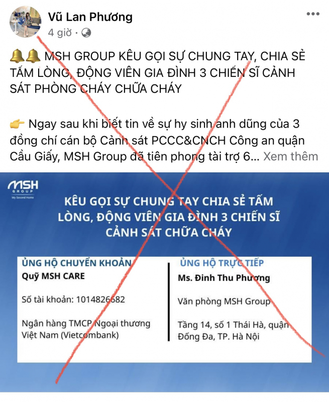 Không có chuyện gia đình ba chiến sĩ Cảnh sát PCCC kêu gọi quyên góp tiền phúng viếng -0