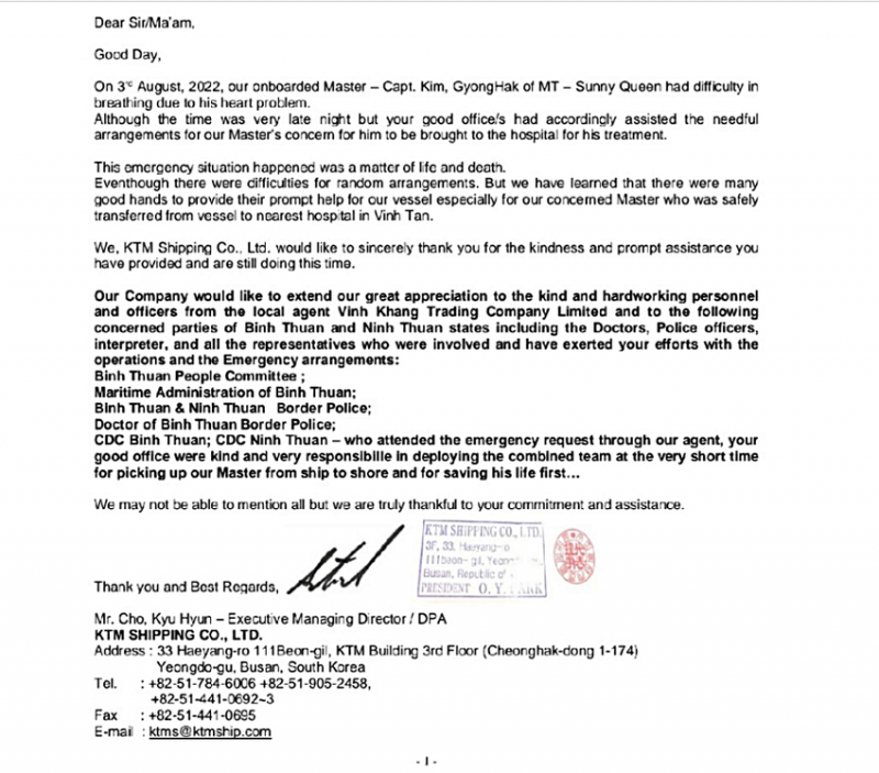 Doanh nghiệp và chủ tàu nước ngoài gửi thư cảm ơn các cơ quan chức năng ở Ninh Thuận, Bình Thuận -0