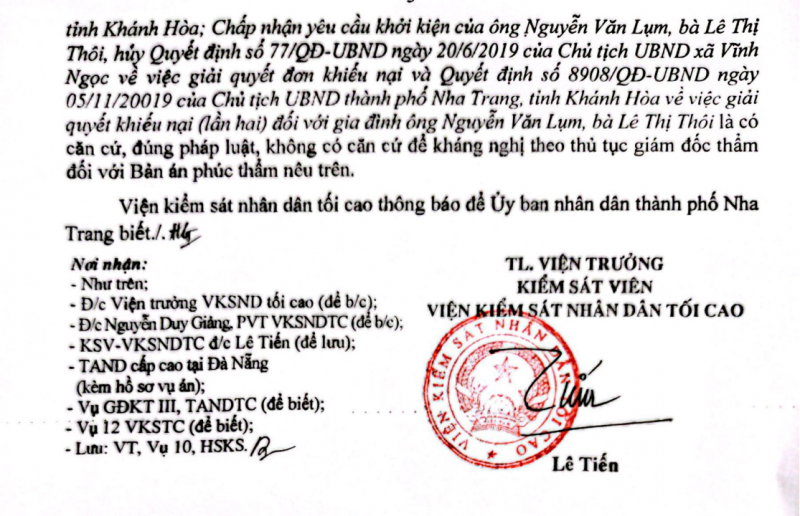 Không kháng nghị giám đốc thẩm một vụ kiện hành chính ở Khánh Hòa -0