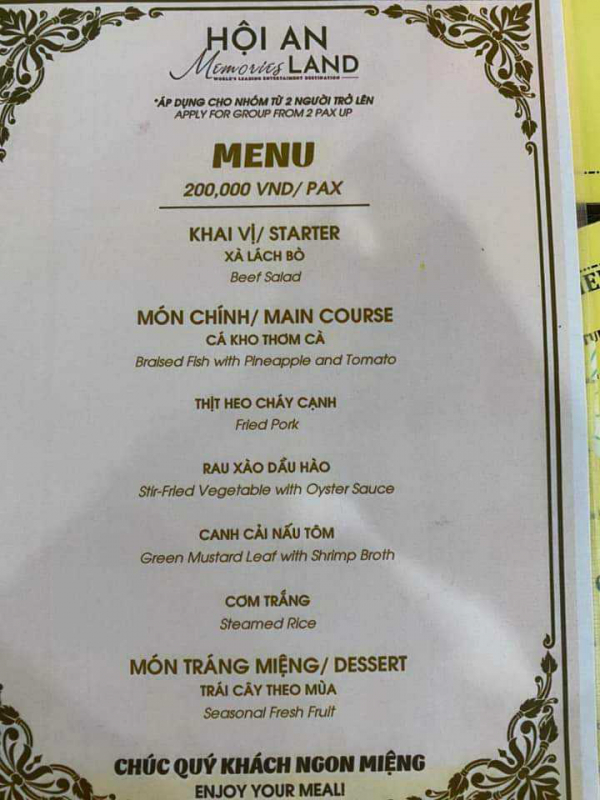 Khu du lịch Hội An lên tiếng vụ du khách tố bị “chặt chém” 200 nghìn đồng/ xuất ăn -0