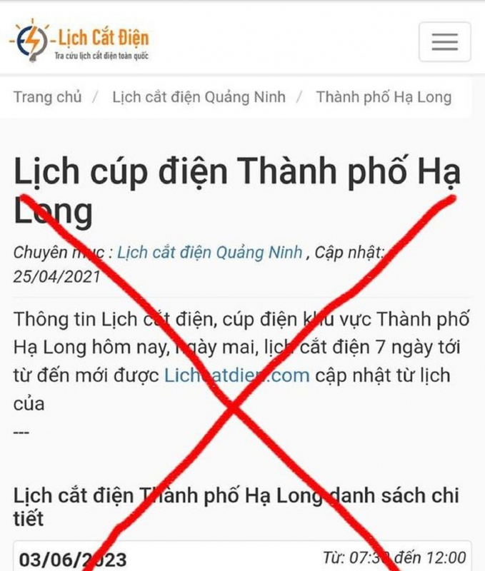 Trang thông tin về lịch cắt điện nghi giả mạo điện lực Quảng Ninh -0