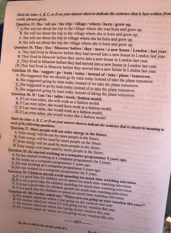 Gợi ý đáp án môn Tiếng Anh trong kỳ thi tuyển sinh vào lớp 10 -0