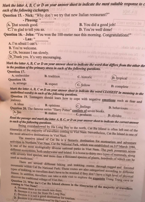 Gợi ý đáp án môn Tiếng Anh trong kỳ thi tuyển sinh vào lớp 10 -0