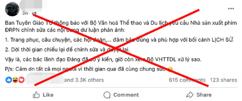 Ban Tuyên giáo Trung ương bác tin “yêu cầu chỉnh sửa phim 