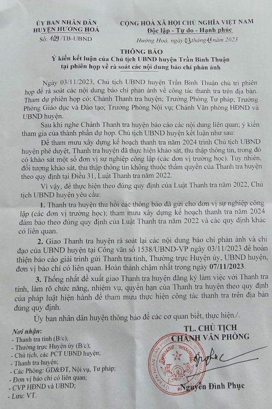 Diễn biến mới nhất liên quan thông báo “lạ” của Thanh tra huyện Hướng Hóa -0