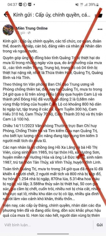 Giả mạo Huyện đoàn kêu gọi ủng hộ người dân Quảng Trị bị thiệt hại do mưa lụt -0