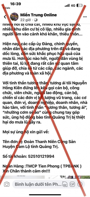 Giả mạo Huyện đoàn kêu gọi ủng hộ người dân Quảng Trị bị thiệt hại do mưa lụt -0